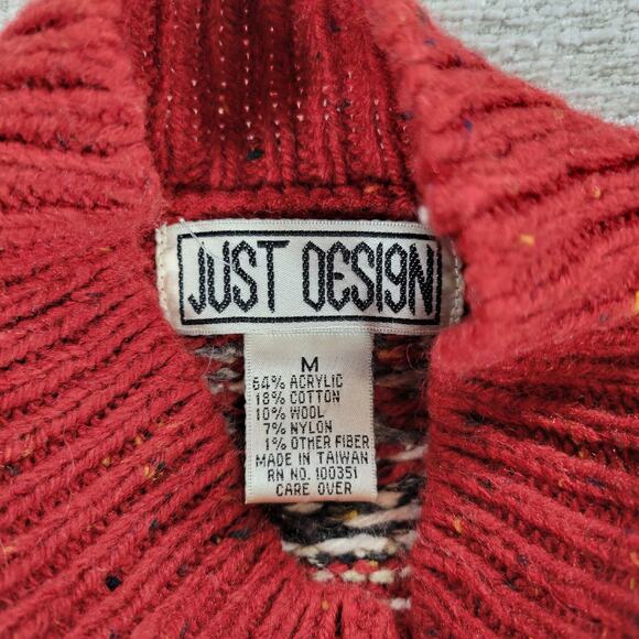 Vintage Just Design Fair Isle Sweater Women’s M Red Mock Neck Nordic Snowflake - Picture 7 of 13